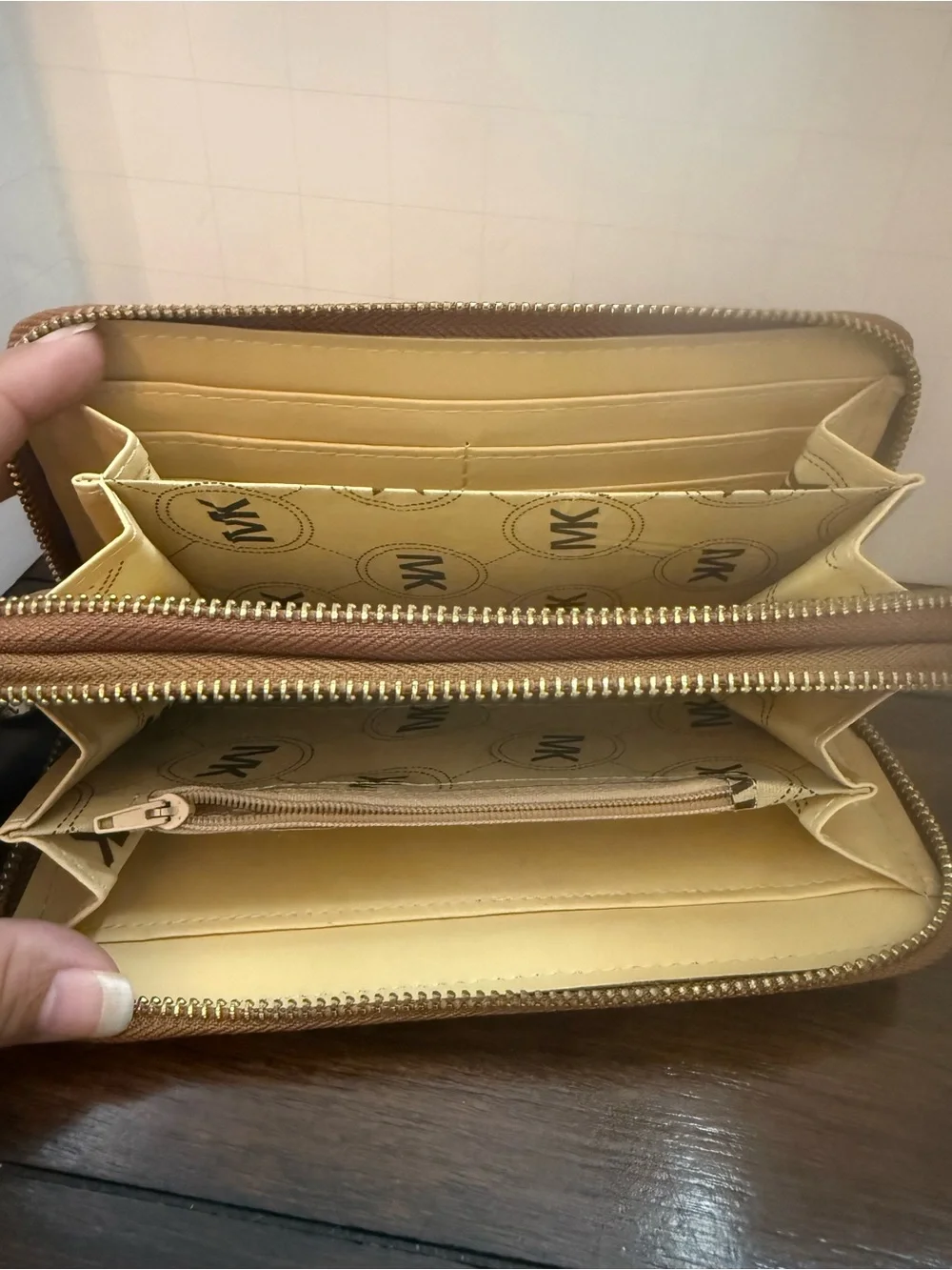 Michael Kors Saffiano Zip Wallet in Cognac Brown with Gold Hardware